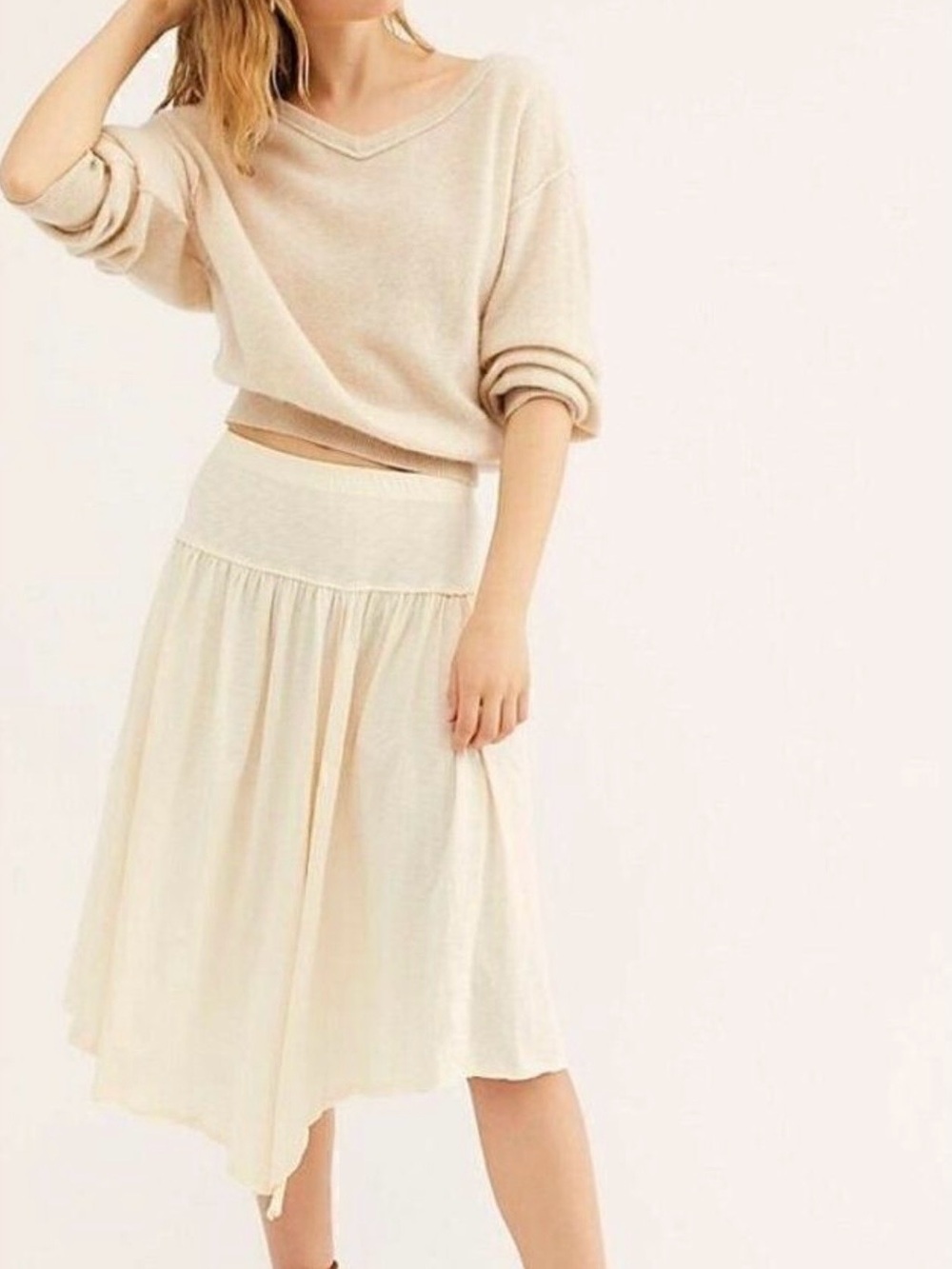 FP Beach by Free People Prima Cotton Asymmetrical Midi Skirt Light Yellow Medium